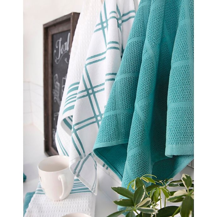 slide 3 of 5, KitchenSmart Colors Solid Windowpane Kitchen Towels - Teal, 2 ct