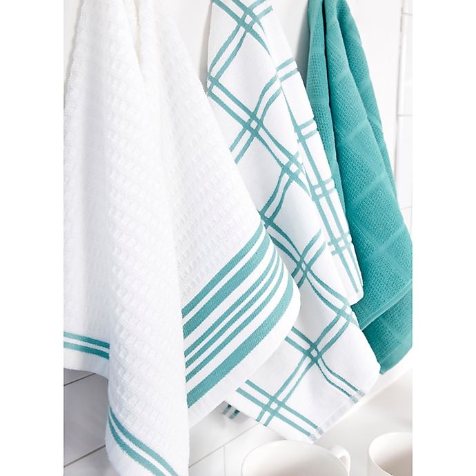 slide 4 of 5, KitchenSmart Colors Solid Windowpane Kitchen Towels - Teal, 2 ct