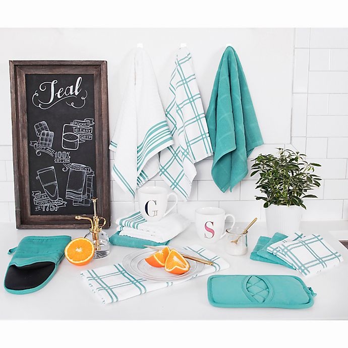 slide 5 of 5, KitchenSmart Colors Solid Windowpane Kitchen Towels - Teal, 2 ct