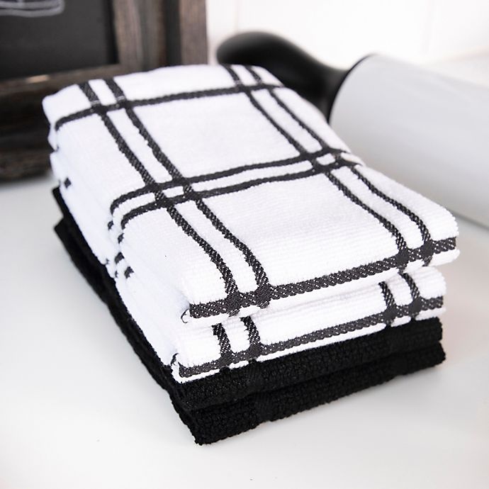 slide 7 of 8, KitchenSmart Colors Solid Windowpane Kitchen Towels - Black, 2 ct