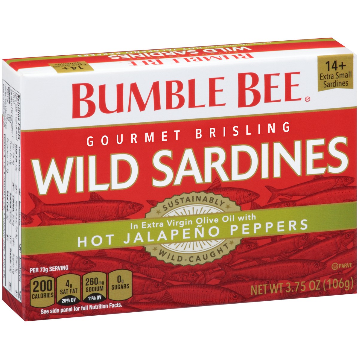 slide 3 of 11, Bumble Bee Gourmet Brisling Wild Sardines With Hot Jalapeno Peppers 3.75 oz. Box, 3.75 oz