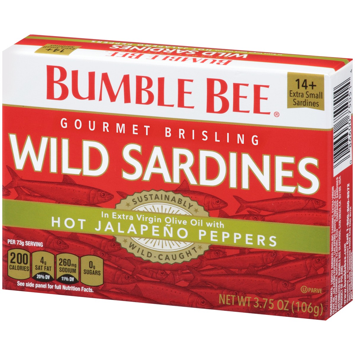 slide 4 of 11, Bumble Bee Gourmet Brisling Wild Sardines With Hot Jalapeno Peppers 3.75 oz. Box, 3.75 oz