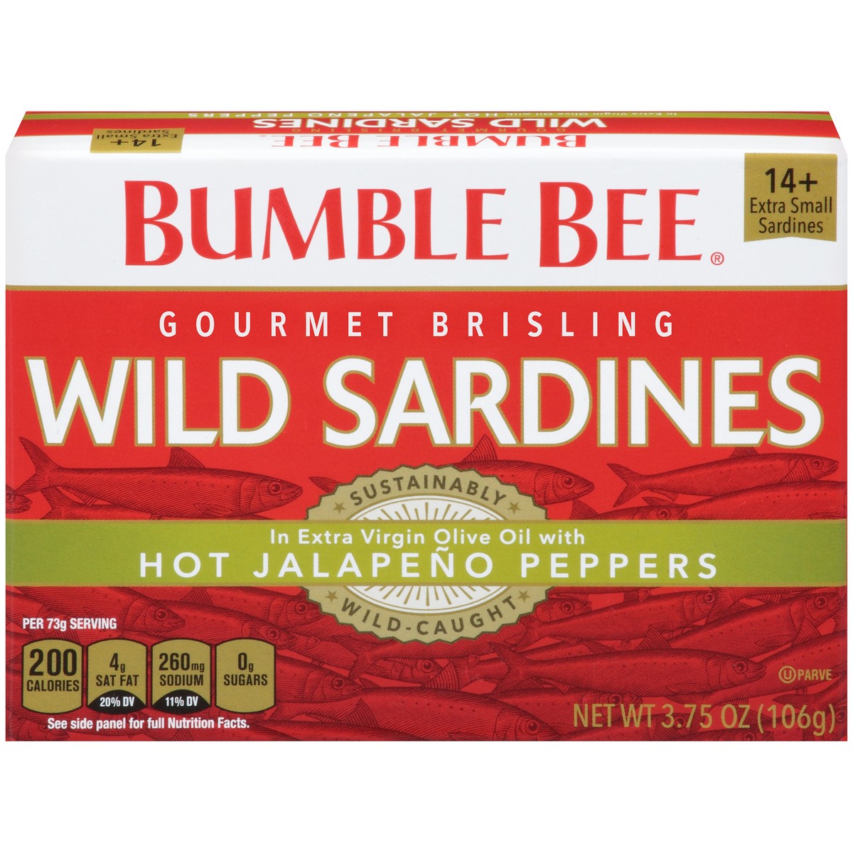 slide 1 of 11, Bumble Bee Gourmet Brisling Wild Sardines With Hot Jalapeno Peppers 3.75 oz. Box, 3.75 oz