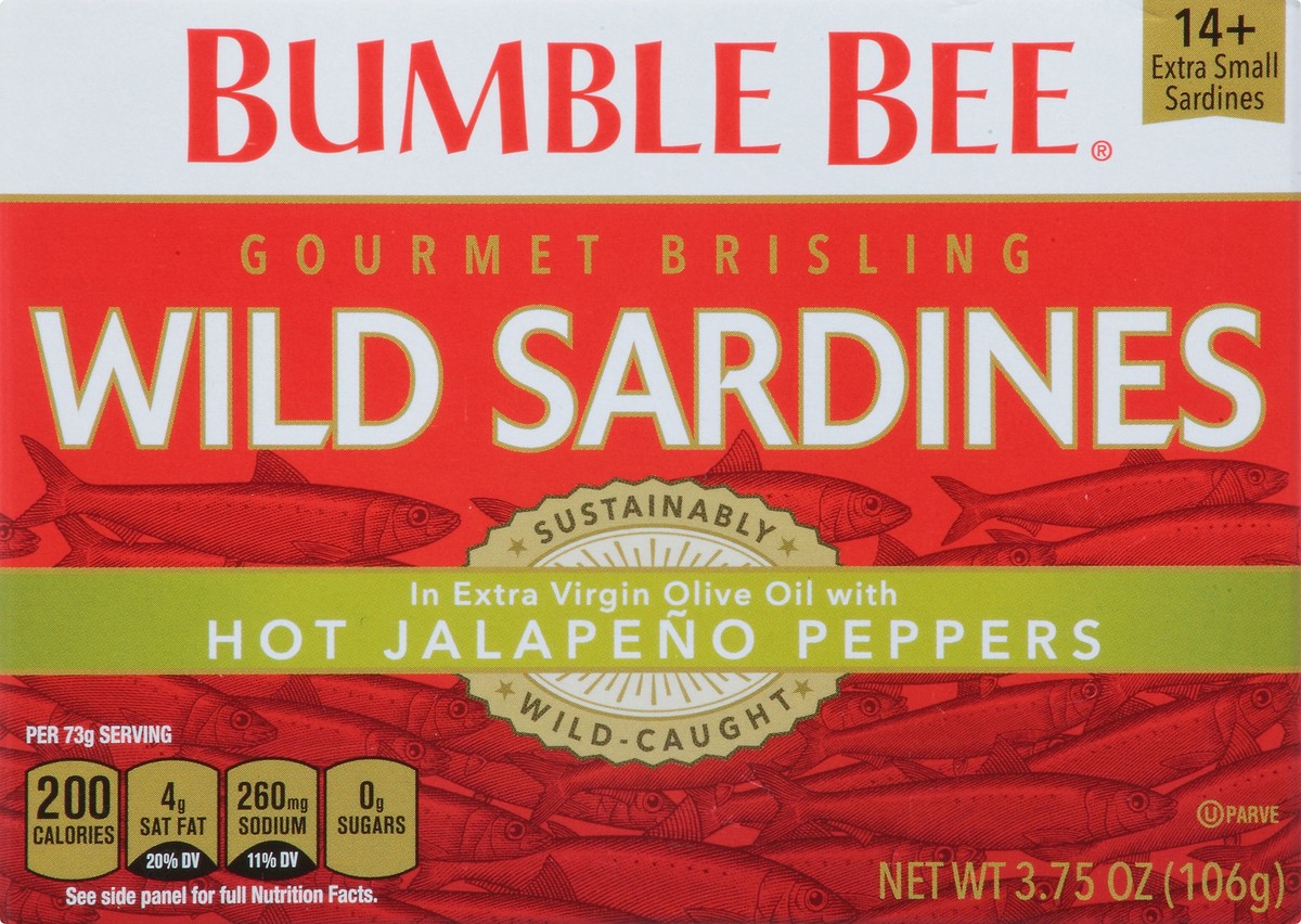 slide 1 of 11, Bumble Bee Gourmet Brisling Wild Sardines With Hot Jalapeno Peppers 3.75 oz. Box, 3.75 oz