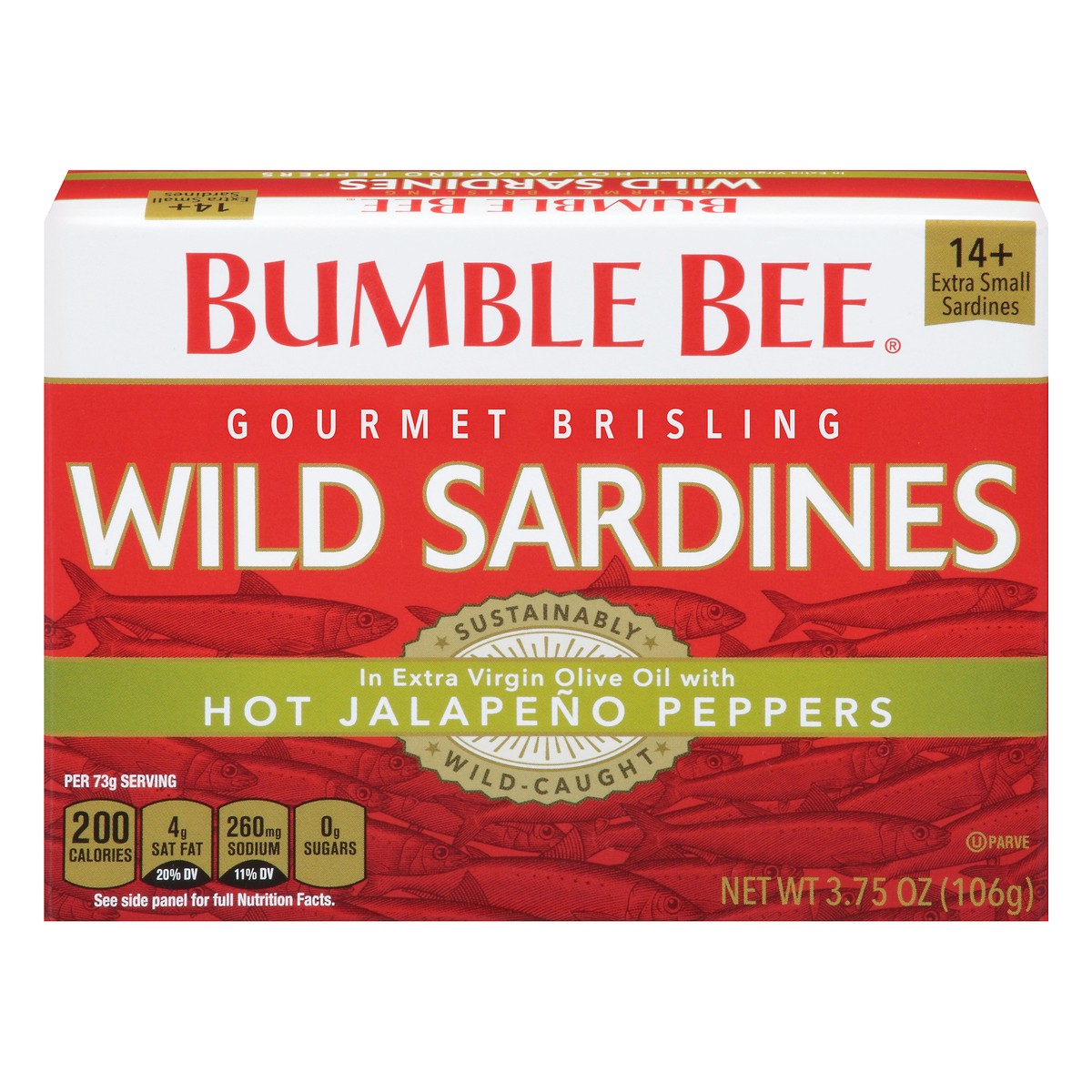 slide 11 of 11, Bumble Bee Gourmet Brisling Wild Sardines With Hot Jalapeno Peppers 3.75 oz. Box, 3.75 oz