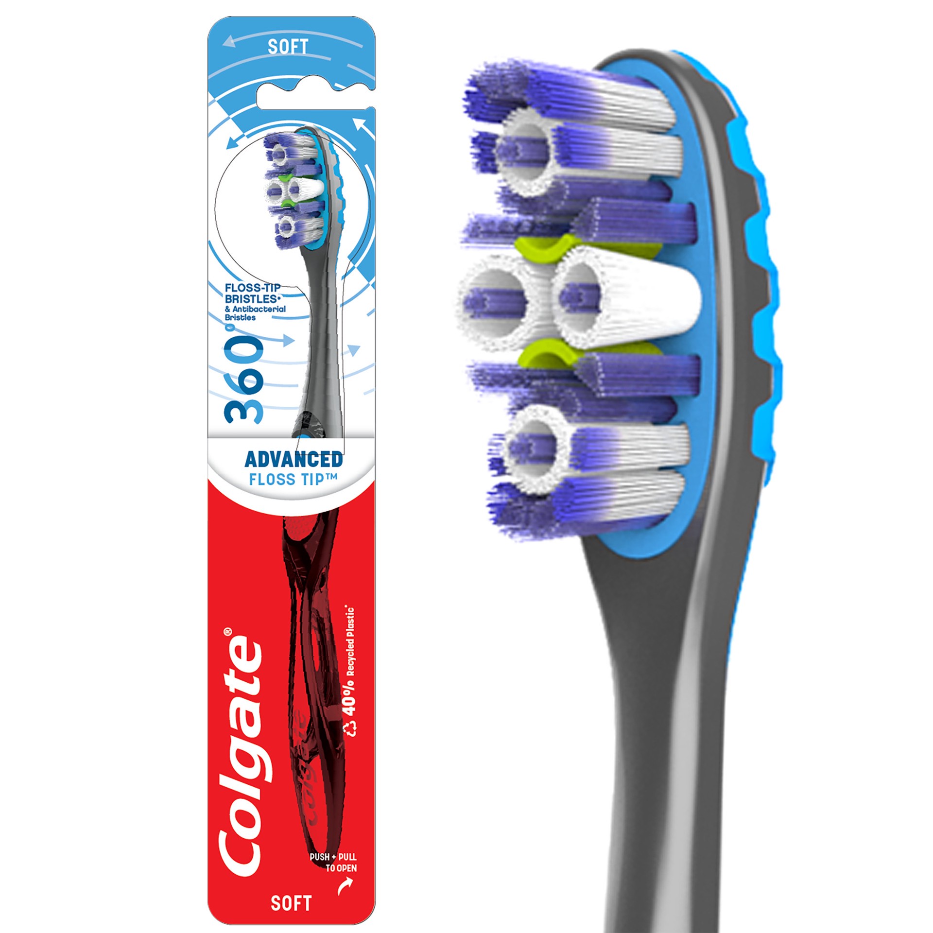 slide 1 of 2, Colgate 360 Advanced Floss-Tip Bristles Toothbrush, Soft, 1 ct