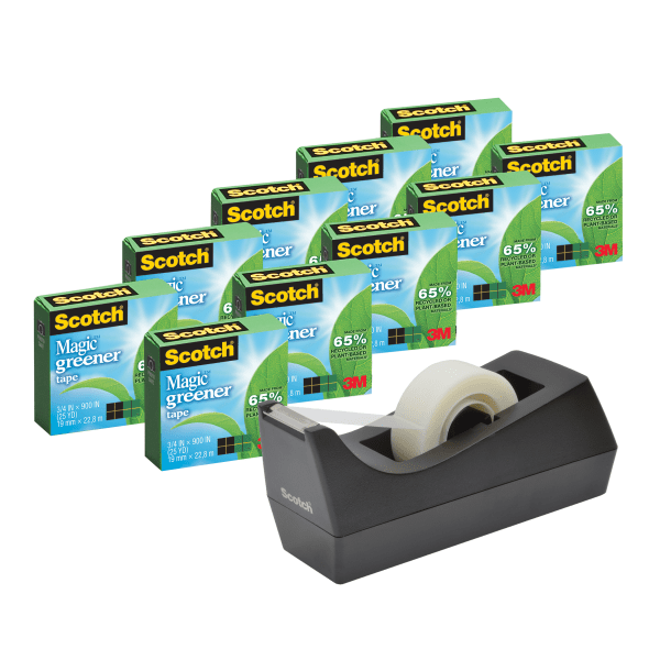 slide 1 of 10, Scotch® Greener Magic™ Tape with Dispenser, Invisible, 3/4 in. x 900 in., 10 Tape Rolls, Clear, School Supplies and College Essentials for Students, 11 ct