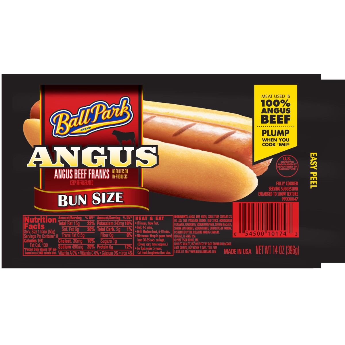 slide 4 of 4, Ball Park Bun Length Hot Dogs, Angus Beef, 8 Count, 396.89 g