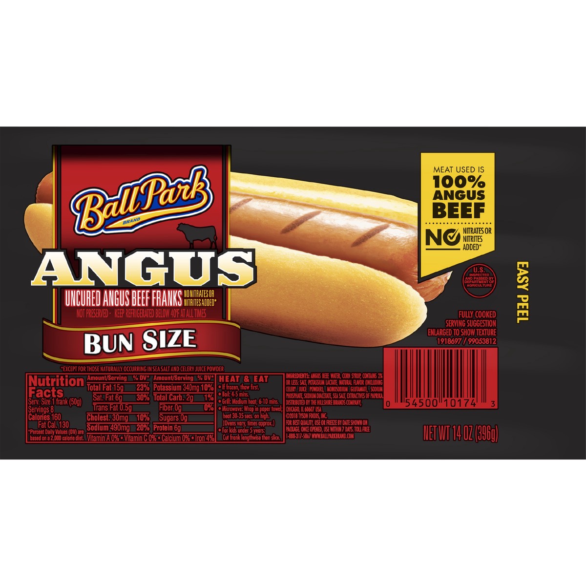 slide 1 of 4, Ball Park Bun Length Hot Dogs, Angus Beef, 8 Count, 396.89 g
