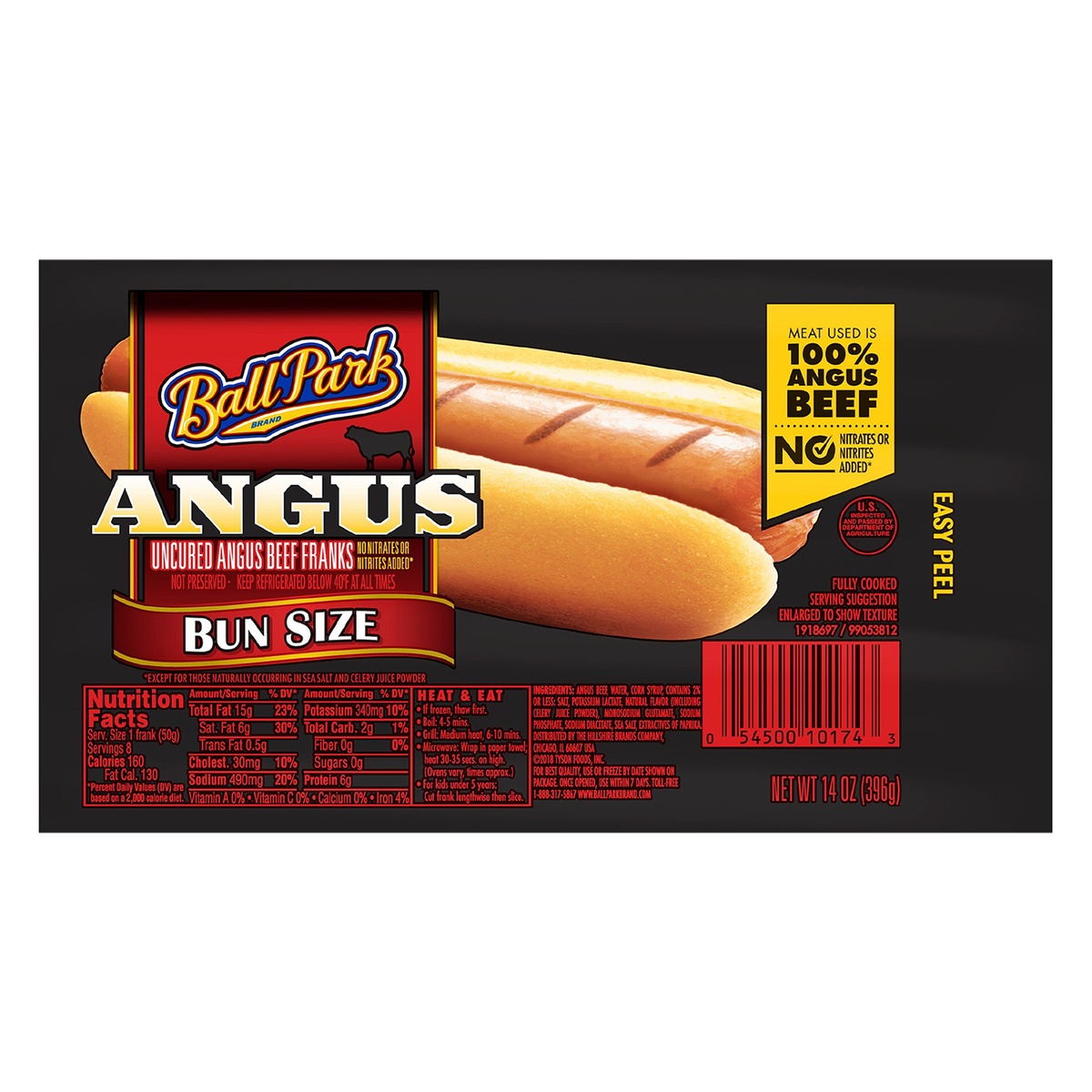 slide 1 of 1, Ball Park Bun Size Uncured Angus Beef Hot Dogs, Easy Peel Package, 14 oz