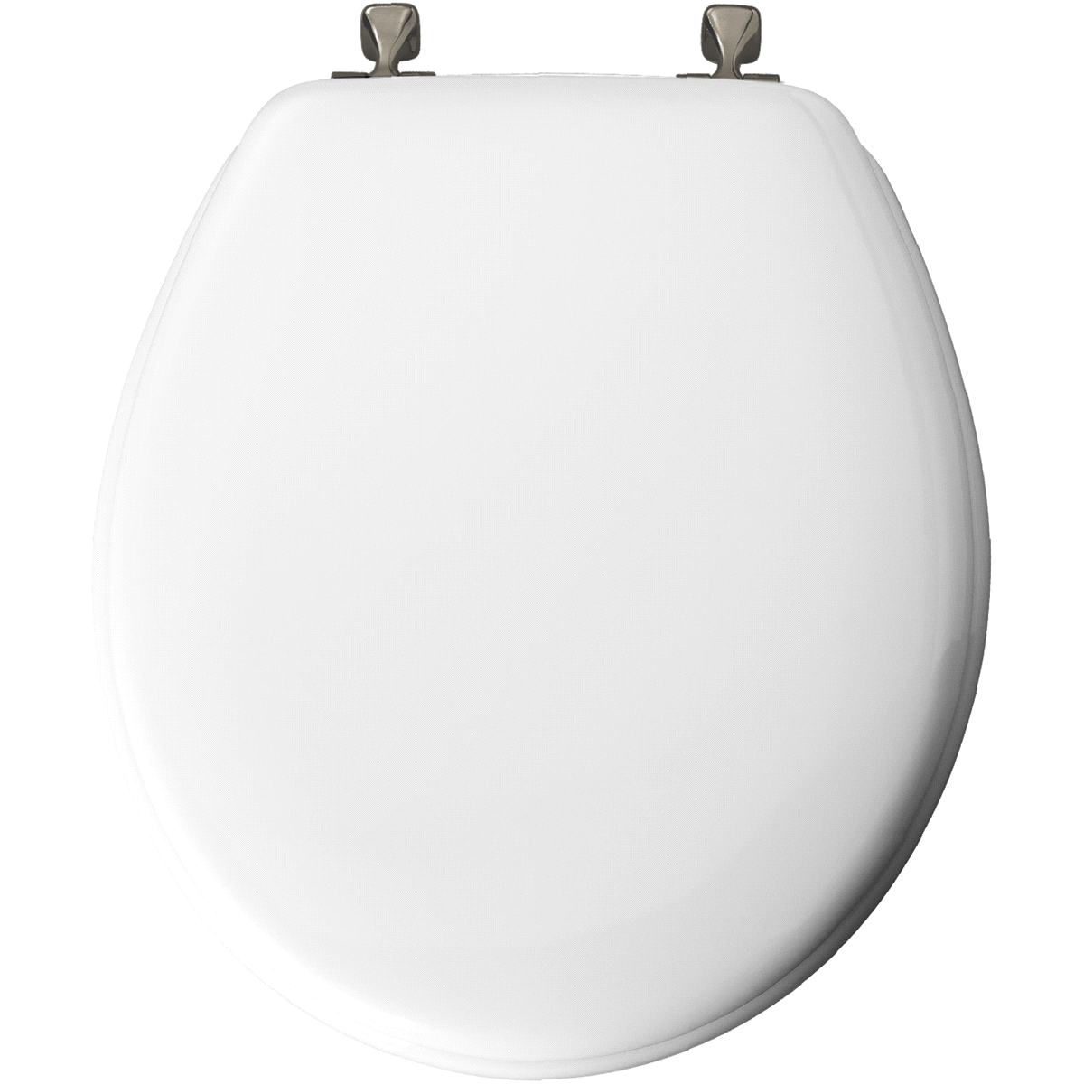 slide 1 of 1, Round Molded Wood Toilet Seat with Brushed-Nickel Hinge, and STA-TITE Seat Fastening System, White, 1 ct