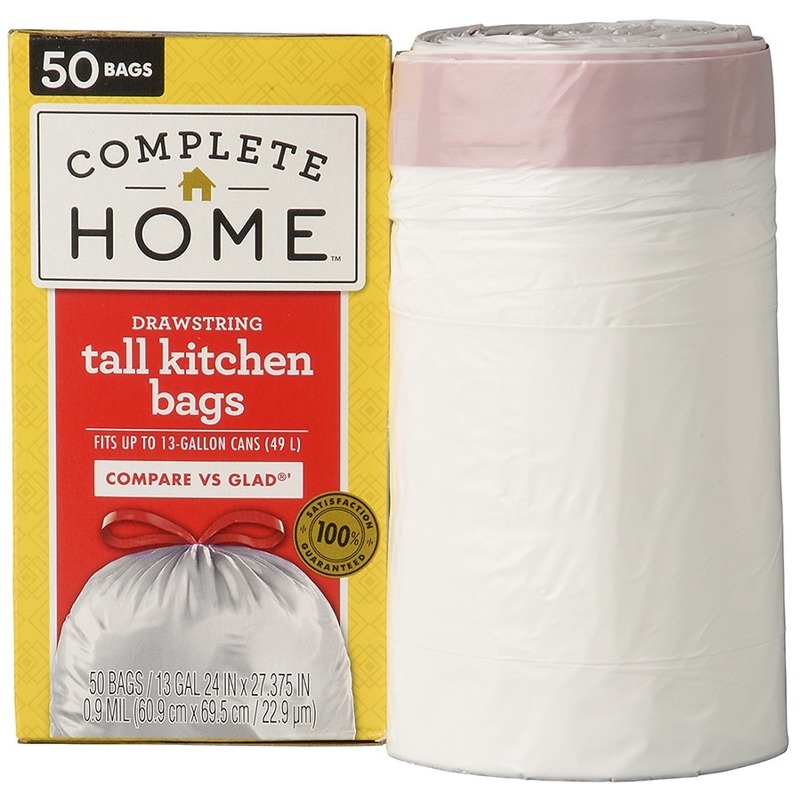 slide 1 of 1, Walgreens Complete Home 13 Gallon Drawstring Trash Bags White, 50 ct