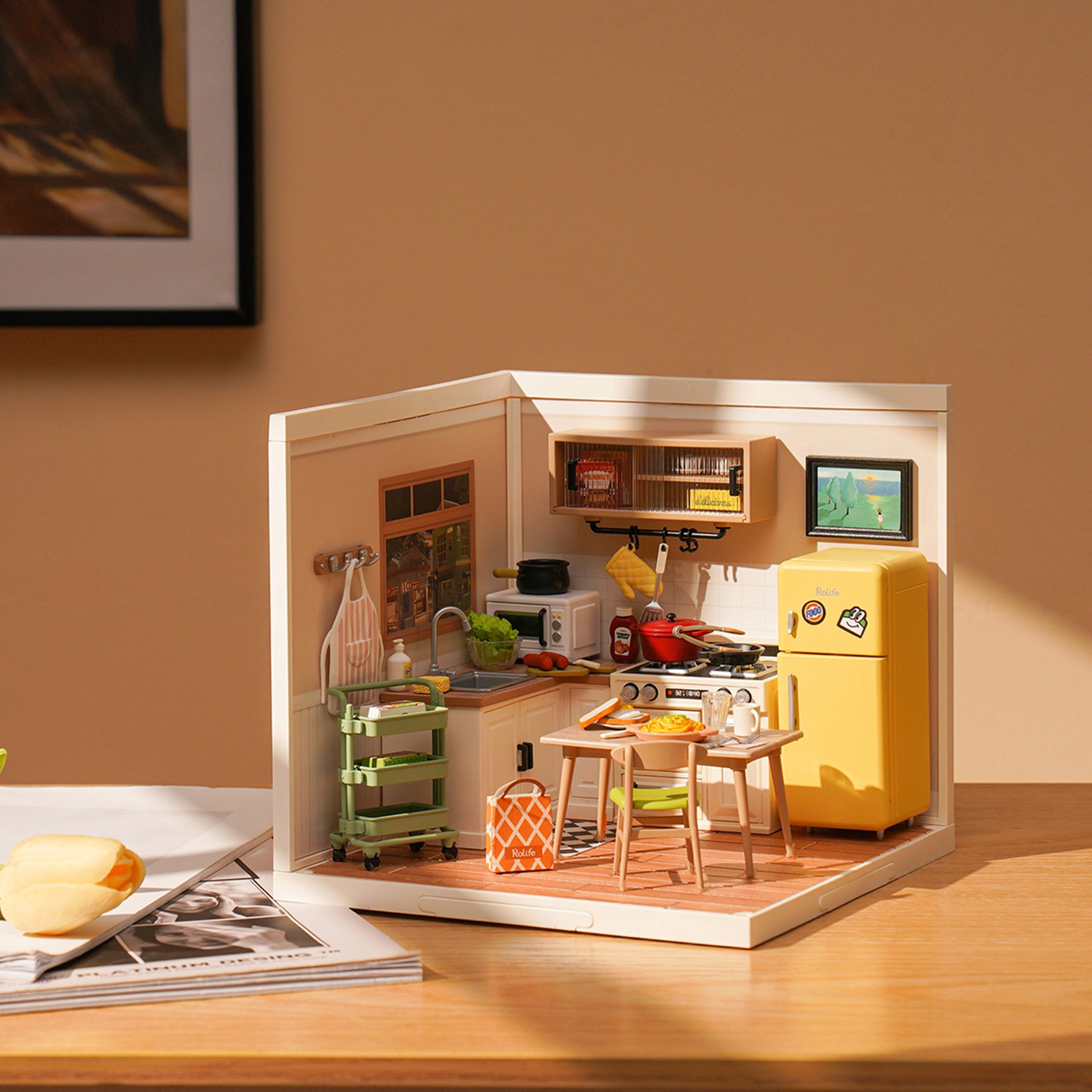 slide 6 of 8, Robotime Rolife Super Creator Happy Meals Kitchen Diy Miniature Kit, 5.98 in x 6.93 in x 6.42 in