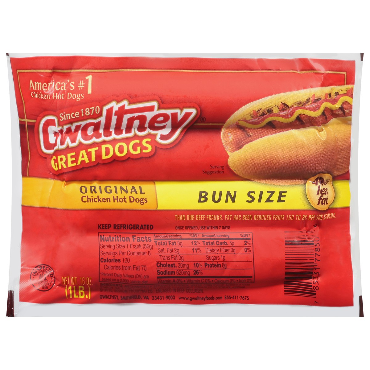 slide 1 of 9, Gwaltney Original Chicken Hot Dogs Bun Size 16 oz, 16 oz