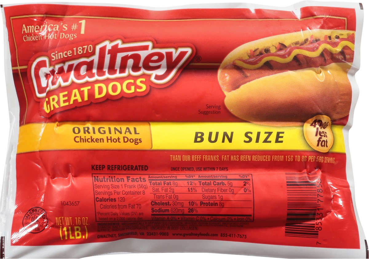 slide 3 of 9, Gwaltney Original Chicken Hot Dogs Bun Size 16 oz, 16 oz