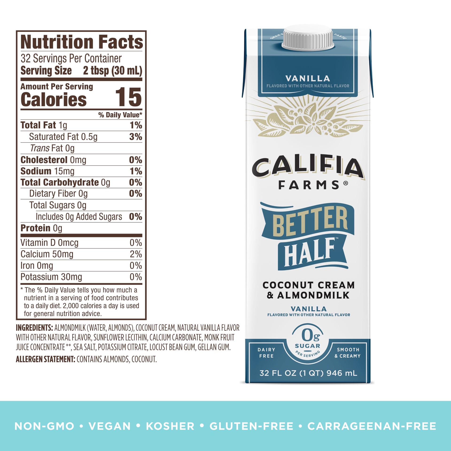 slide 5 of 7, Califia Farms Vanilla Better Half Almond Milk Half and Half, 32 fl oz