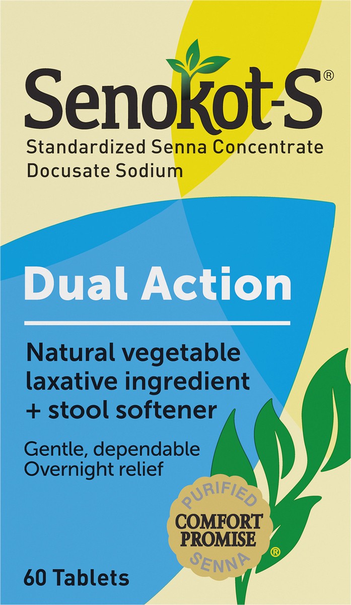 slide 7 of 7, Senokot-S Dual Action Natural Vegetable Laxative Ingredient Plus Stool Softener Tablets, Docusate Sodium, Senna Concentrate, Gentle, Overnight Relief From Occasional Constipation, 60 ct, 60 ct