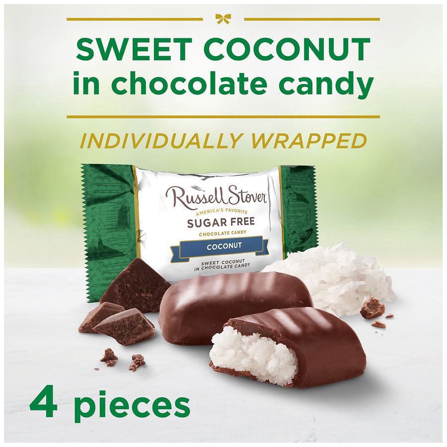 slide 3 of 5, RUSSELL STOVER Sugar Free Coconut in Chocolate Candy, 2 oz. bag, 2 oz