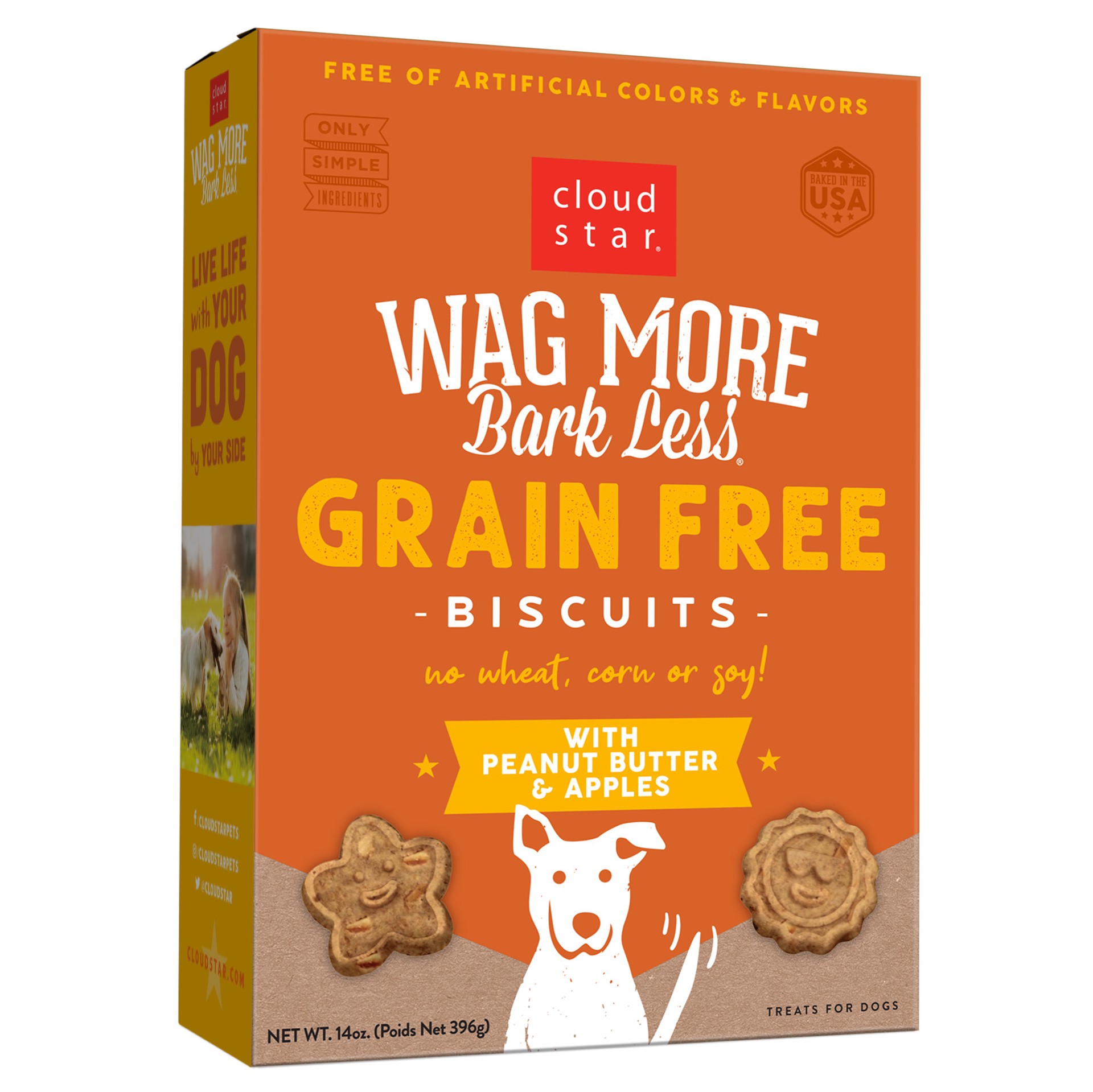 slide 1 of 9, Cloud Star Wag More Bark Less Oven Baked Grain Free Peanut Butter & Apples Dog Treats, 14 oz