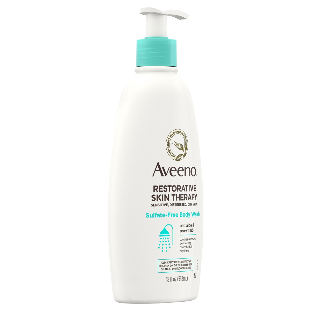 slide 3 of 6, Aveeno Restorative Skin Therapy Sulfate-Free Body Wash for Sensitive, Distressed, Dry Skin, Gentle Cleanser with Antioxidant Oat, Aloe & Pro-Vitamin B5, Soap- & Fragrance-Free, 18 fl. oz, 18 fl oz