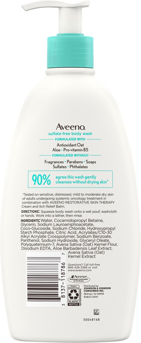 slide 4 of 6, Aveeno Restorative Skin Therapy Sulfate-Free Body Wash for Sensitive, Distressed, Dry Skin, Gentle Cleanser with Antioxidant Oat, Aloe & Pro-Vitamin B5, Soap- & Fragrance-Free, 18 fl. oz, 18 fl oz