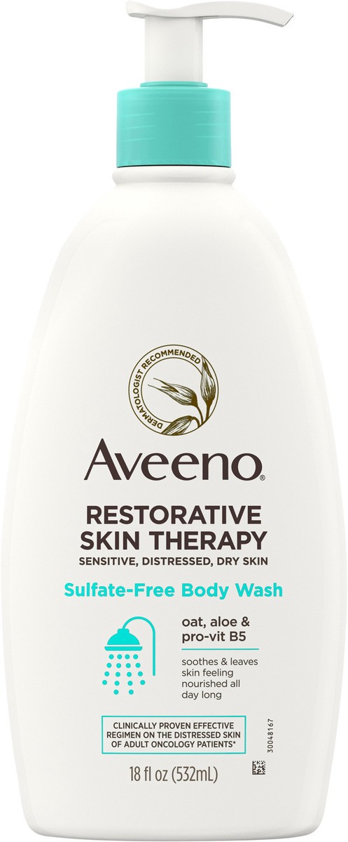 slide 5 of 6, Aveeno Restorative Skin Therapy Sulfate-Free Body Wash for Sensitive, Distressed, Dry Skin, Gentle Cleanser with Antioxidant Oat, Aloe & Pro-Vitamin B5, Soap- & Fragrance-Free, 18 fl. oz, 18 fl oz