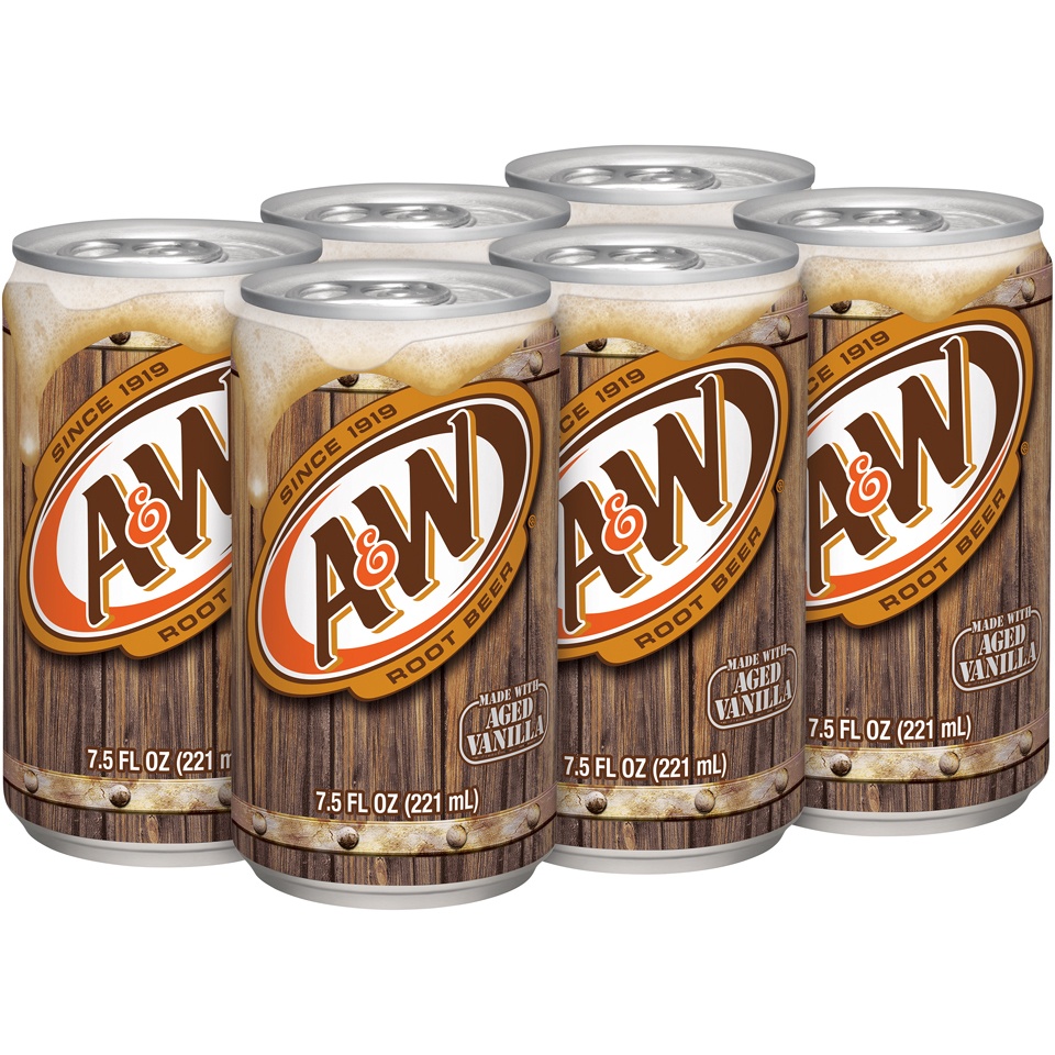 slide 2 of 2, A&W Root Beer Soda, 7.5 fl oz cans, 6 pack, 6 ct; 7.5 fl oz