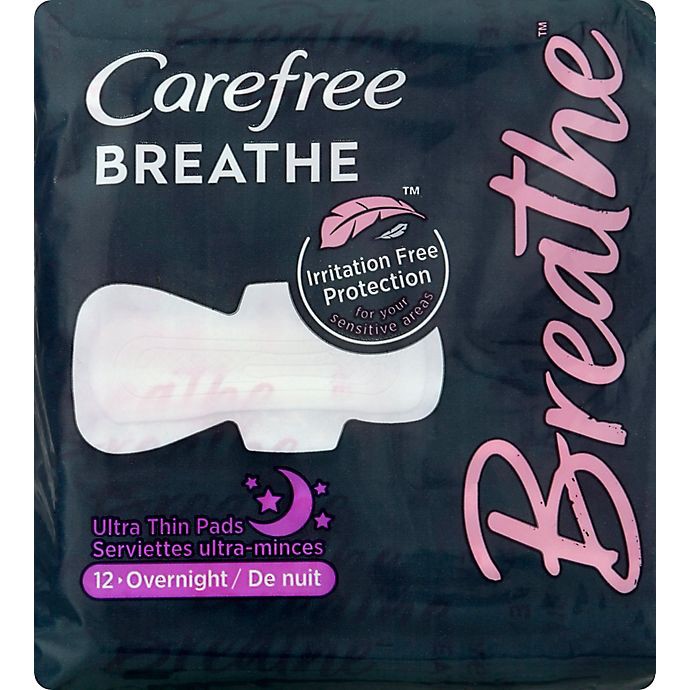 slide 2 of 3, Carefree Breathe Ultra Thin Overnight Pads with Wings, 12 Count, 12 ct