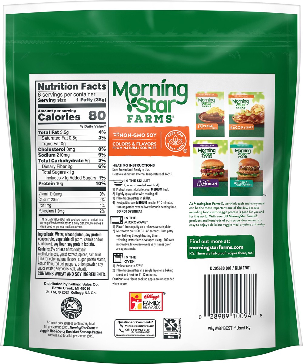 slide 8 of 12, MorningStar Farms Sausage Patties, Vegan Plant Based Protein, Frozen Breakfast Side, Hot and Spicy, 8oz Bag, 6 Patties, 6 ct; 1.33 oz