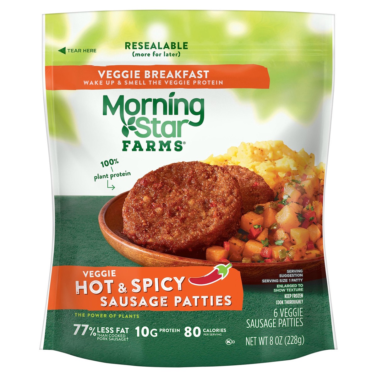 slide 6 of 12, MorningStar Farms Sausage Patties, Vegan Plant Based Protein, Frozen Breakfast Side, Hot and Spicy, 8oz Bag, 6 Patties, 6 ct; 1.33 oz