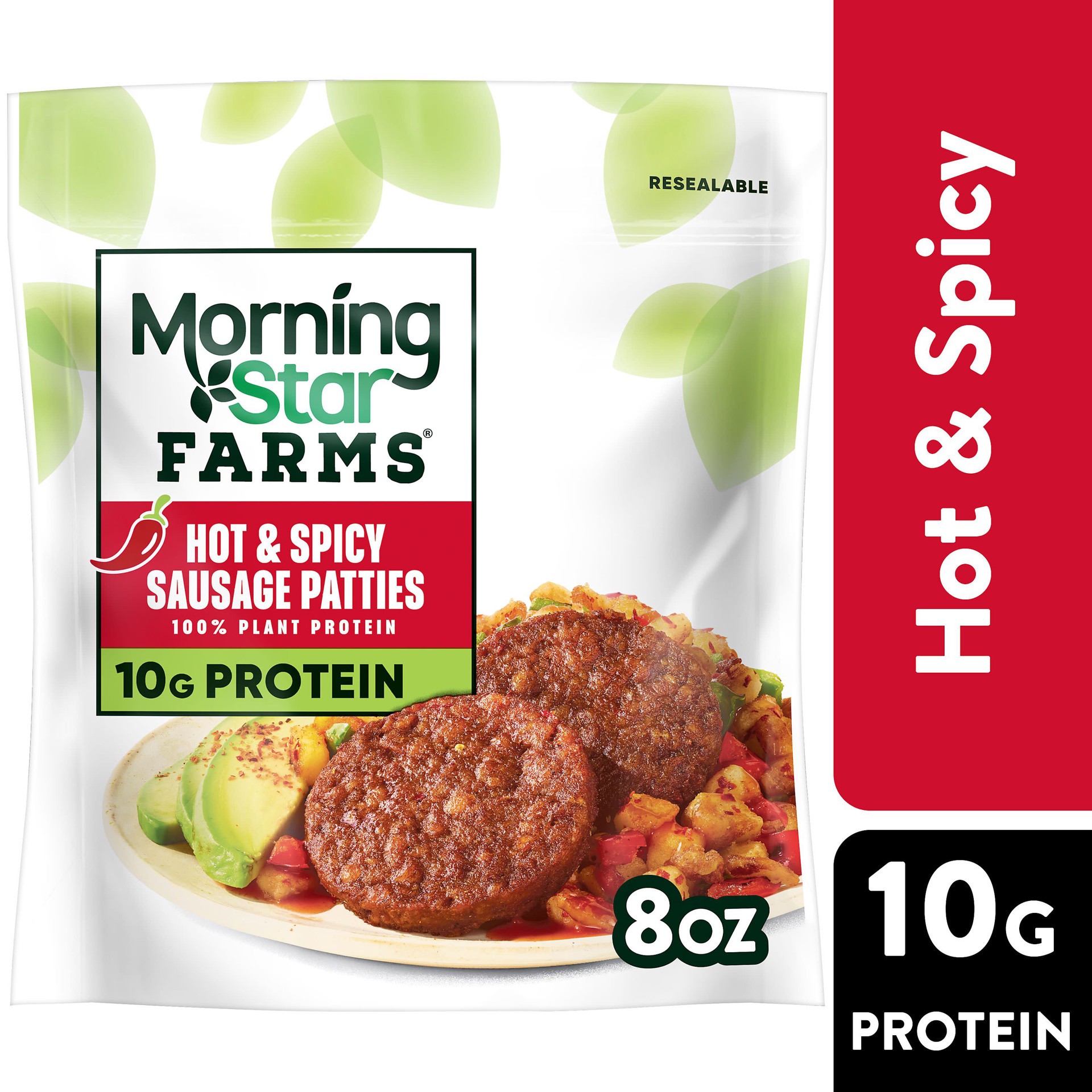 slide 1 of 12, MorningStar Farms Sausage Patties, Vegan Plant Based Protein, Frozen Breakfast Side, Hot and Spicy, 8oz Bag, 6 Patties, 6 ct; 1.33 oz