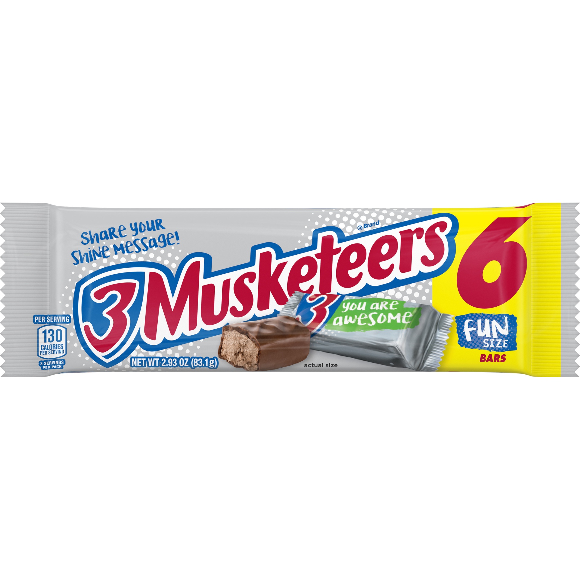 slide 1 of 1, 3 MUSKETEERS Chocolate Fun Size Chocolate Bars Candy Pack, 6 ct; 2.93 oz