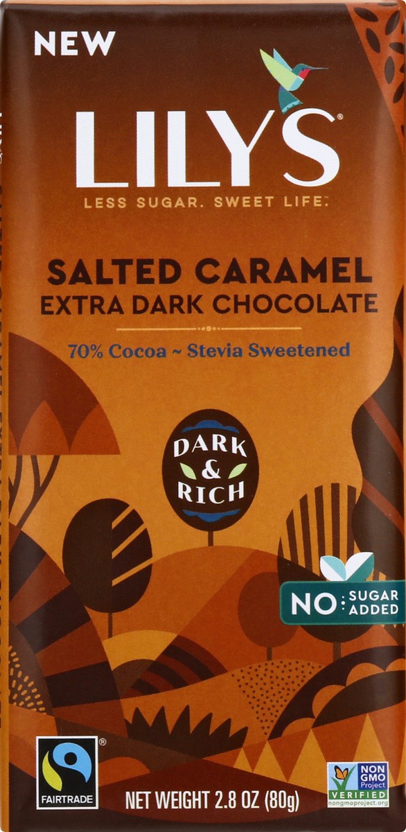 slide 3 of 9, LILY'S Salted Caramel Extra Dark Chocolate Style No Sugar Added, Sweets Bar, 2.8 oz, 2.8 oz