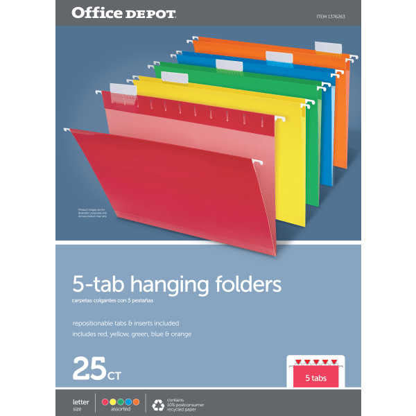 slide 3 of 3, Office Depot Brand Hanging Folders, Letter Size, Assorted, Box Of 25, 25 ct