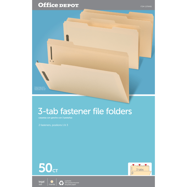 slide 2 of 3, Office Depot Brand Reinforced Manila Folder With 2 Embossed Fasteners, 1/3-Cut Tabs, Legal Size, Box Of 50, 50 ct