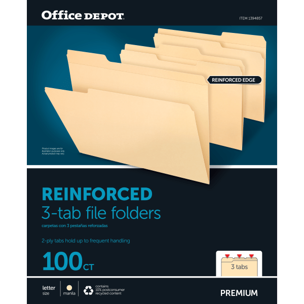 slide 2 of 6, Office Depot Brand Reinforced File Folders, 1/3-Cut Tabs, Letter Size, Manila, Box Of 100, 100 ct