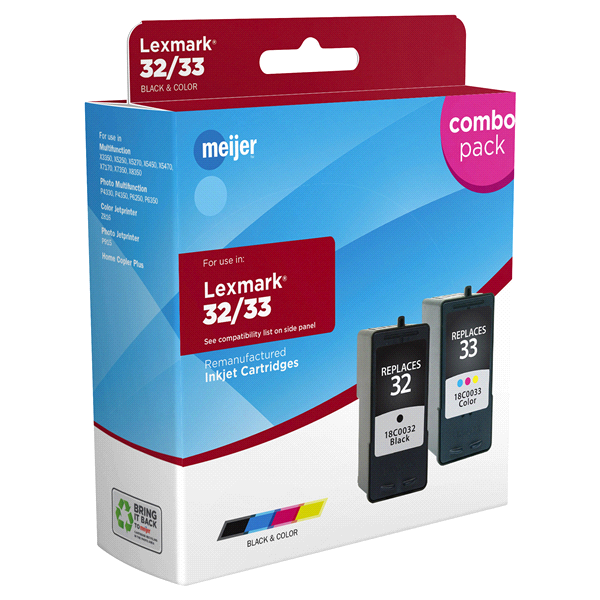 slide 1 of 1, Meijer Brand Lexmark #32/33 Inkjet Cartridges, Back & Color Combo Pack, 2 ct