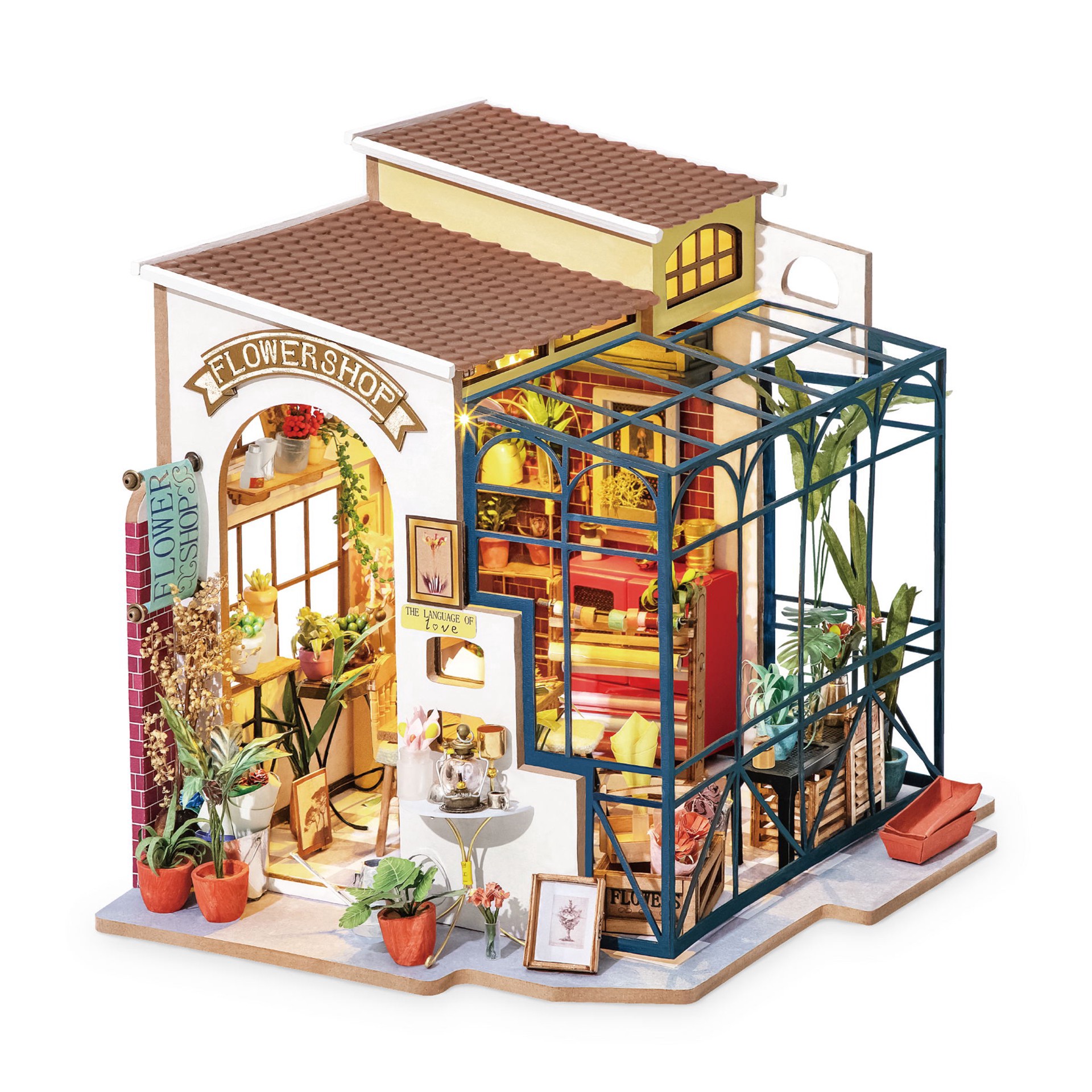 slide 2 of 12, Robotime Rolife Emily's Flower Shop Diy Miniature House Kit, 8.27 in x 7.48 in x 8.66 in