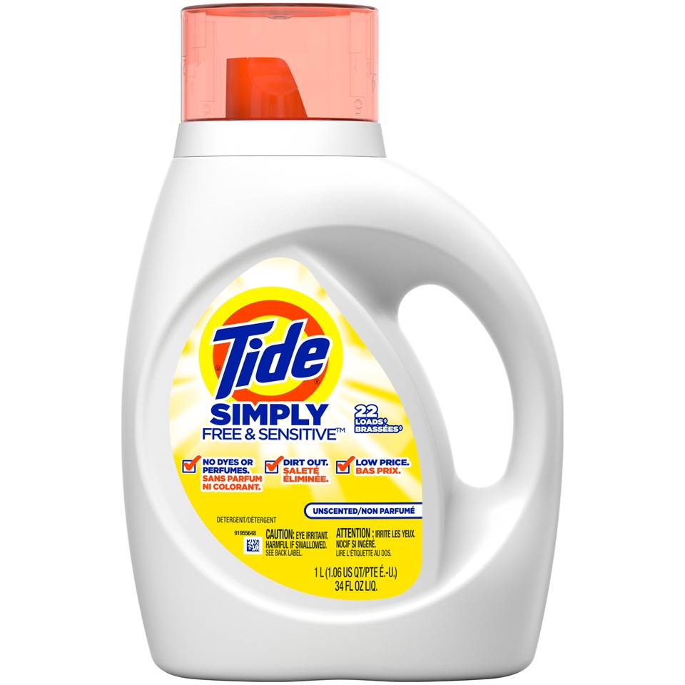 slide 1 of 1, Tide Simply Free Unscented, 34 oz