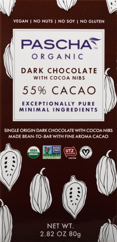 slide 1 of 1, Pascha Organic Vegan Dark Chocolate 55% Cacao & Cocoa Nibs, 2.82 oz