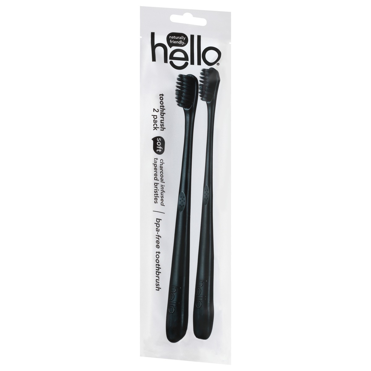 slide 9 of 9, hello Activated Charcoal Infused Bristle BPA-Free Black Toothbrush Twin Pack, Vegan & Cruelty Free, 2 pc