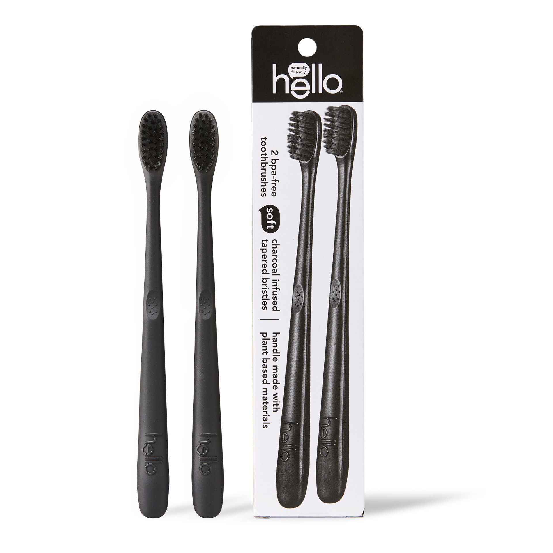 slide 1 of 9, hello Activated Charcoal Infused Bristle BPA-Free Black Toothbrush Twin Pack, Vegan & Cruelty Free, 2 pc