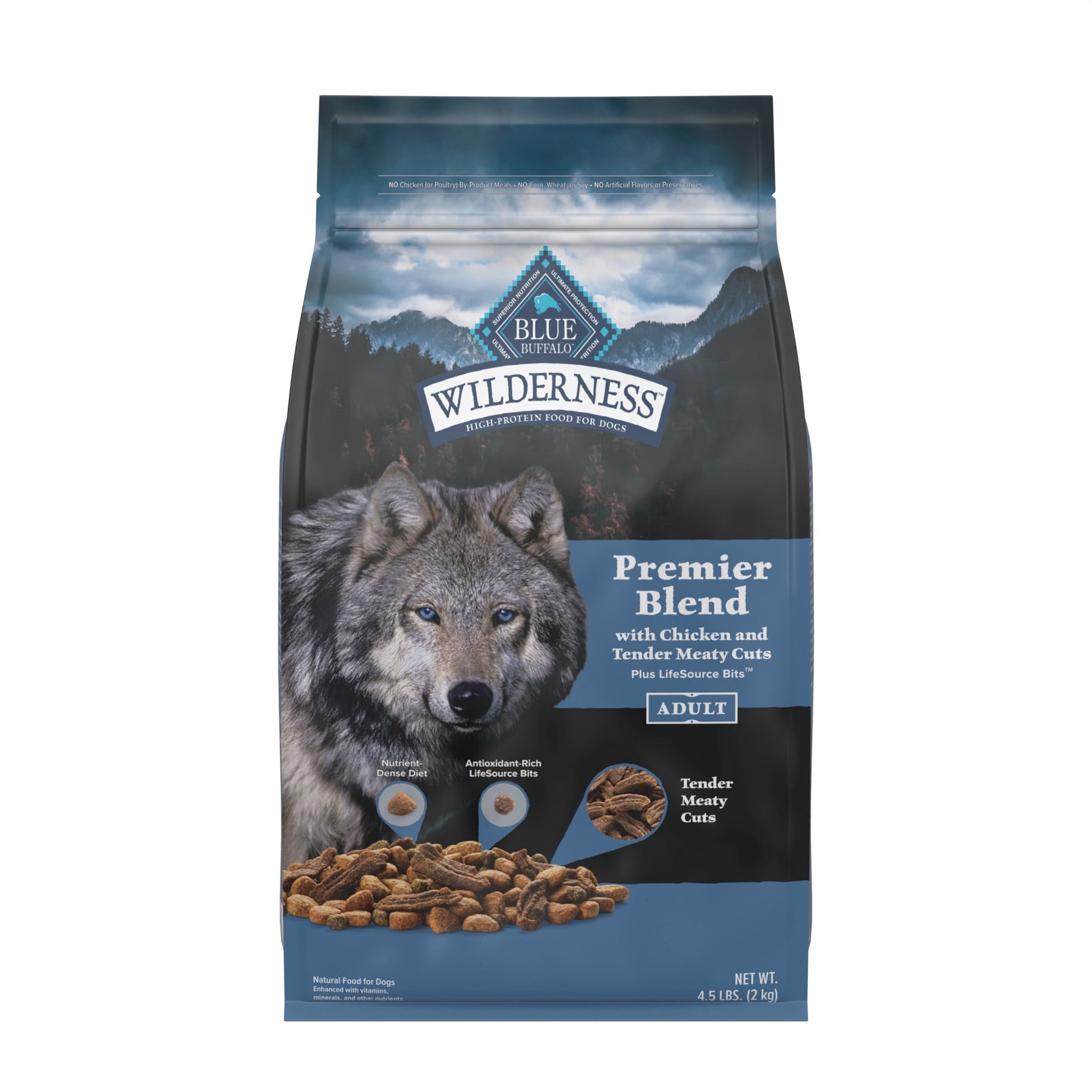 slide 1 of 10, Blue Buffalo Wilderness Premier Blend Natural Adult Dry Dog Food with Meaty Cuts, Chicken 4.5-lb bag, 4.5 lb