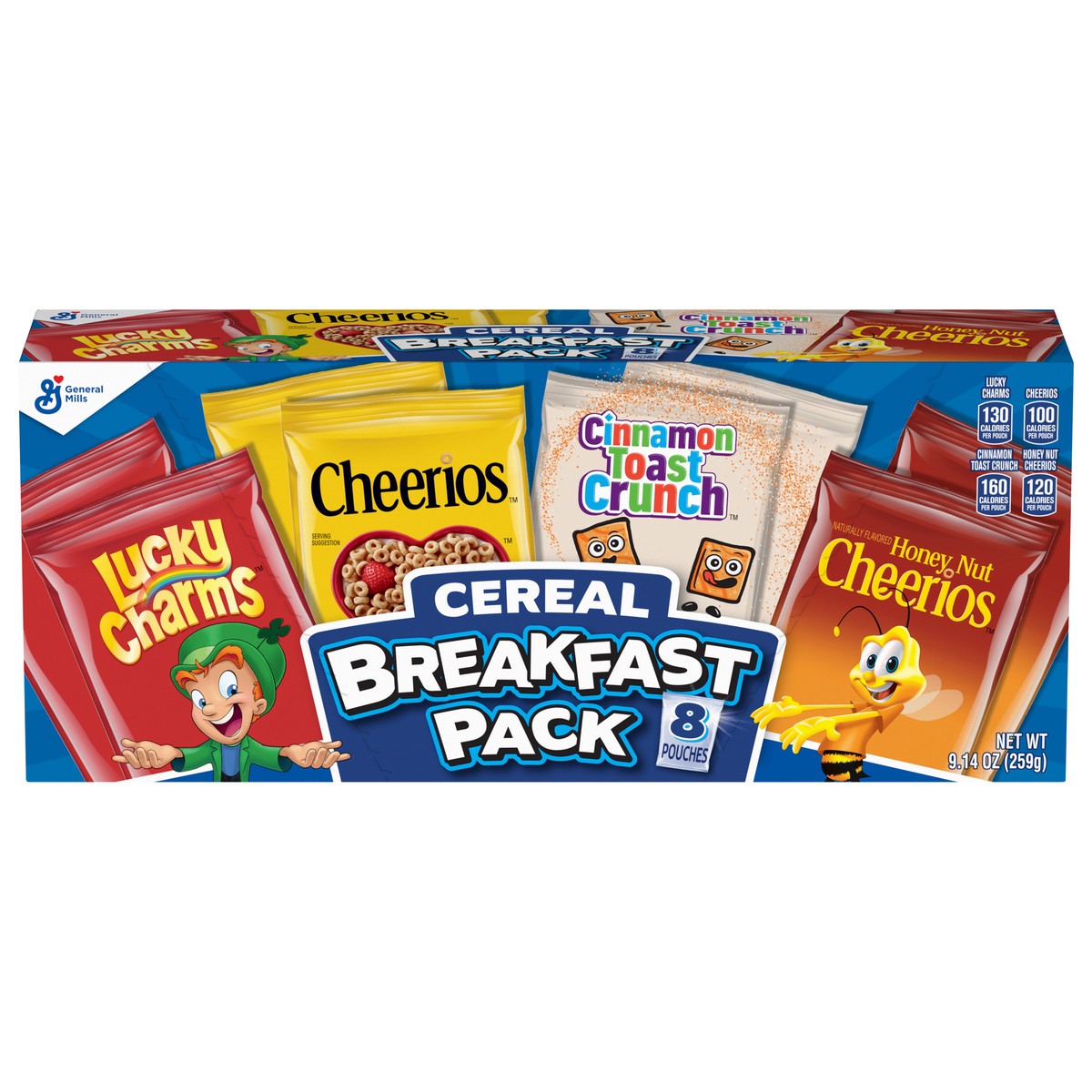 slide 1 of 141, General Mills Breakfast Cereal Variety Pack, Lucky Charms, Cinnamon Toast Crunch, and Cheerios Varieties, Single Serve Snacks, 9.14 oz (8 Pouches), 8 ct