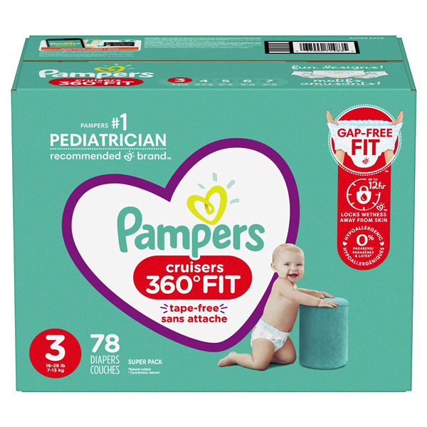 slide 1 of 1, Pampers Cruisers 360 Fit Super Pack 3 (16-28 lb) Diapers 78 ea Box, 78 each