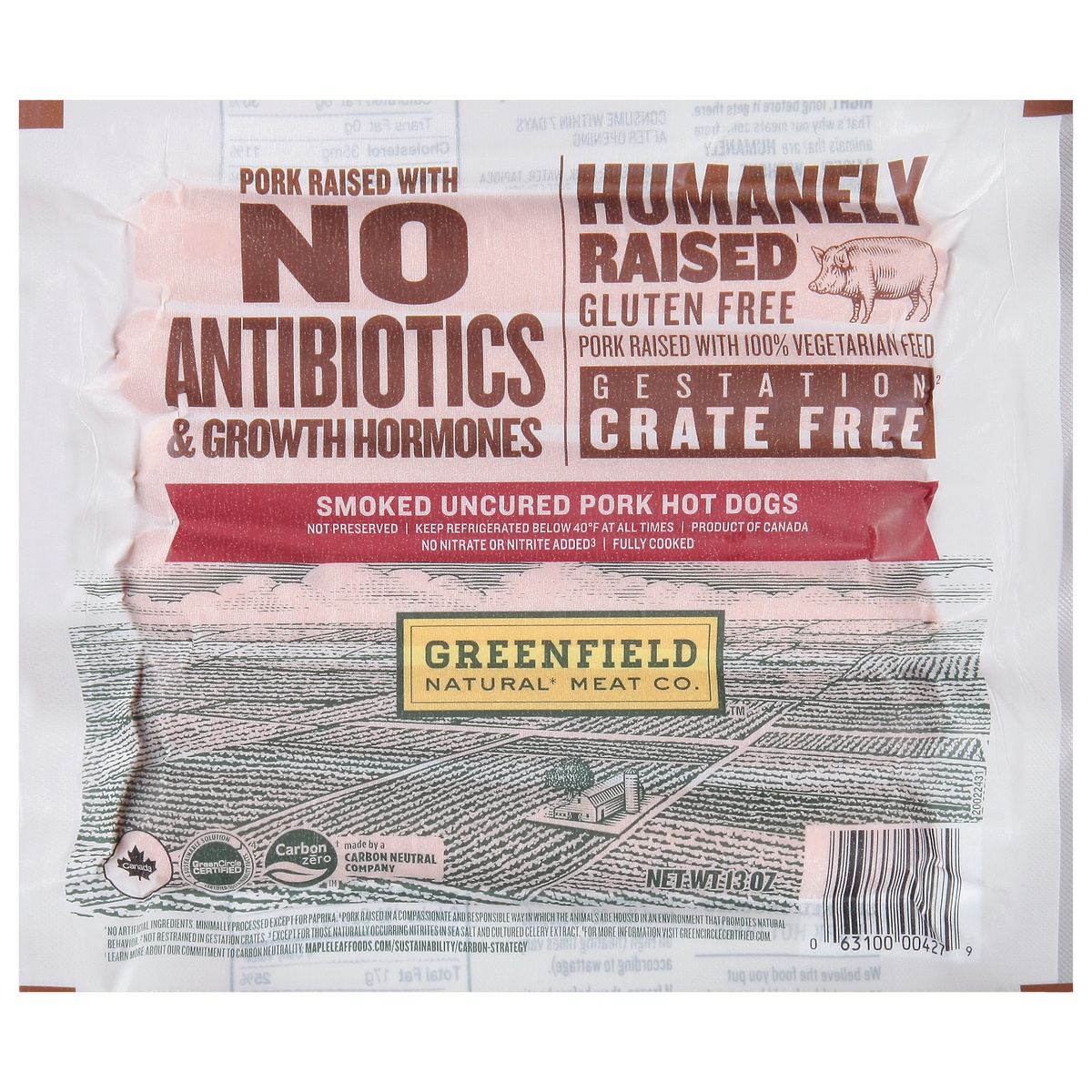 slide 1 of 1, Greenfield Natural Meat Co. Uncured Pork Hot Dogs, 13 oz