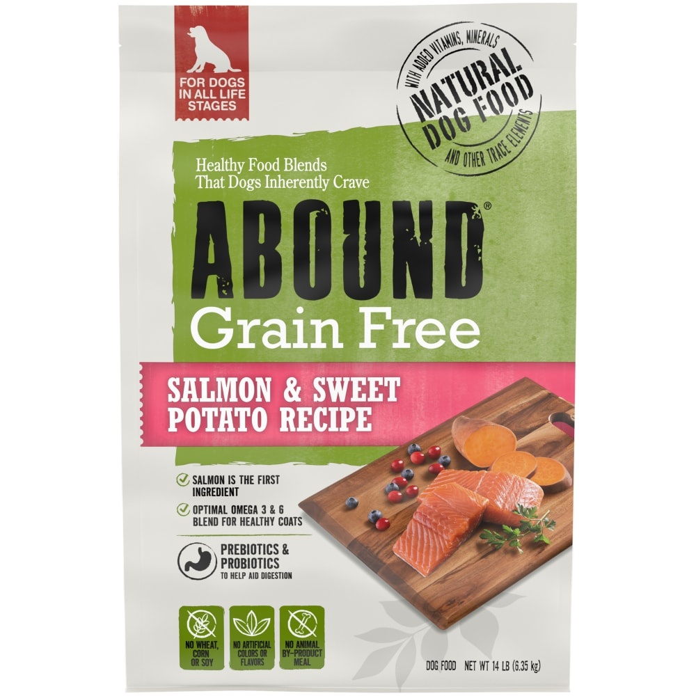 slide 1 of 1, Abound Grain Free Salmon Sweet Potato Recipe Adult Dry Dog Food, 14 lb