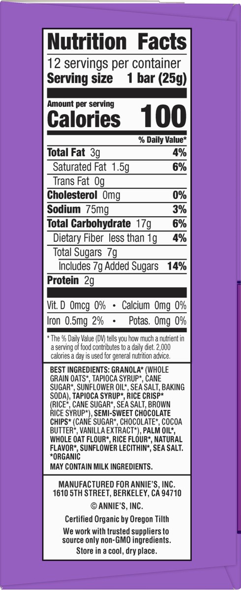 slide 13 of 14, Annie's Organic Chewy Granola Bars, Chocolate Chip, 12 ct, 10.6 oz