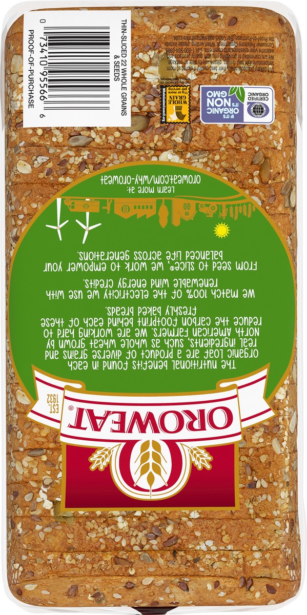 slide 6 of 7, Oroweat Organic 22 Whole Grains & Seeds Bread, 20 oz, Thin Sliced Multigrain Bread, Bag, 20 oz