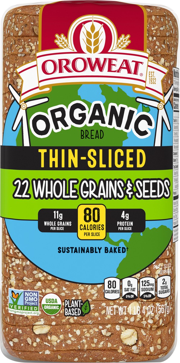slide 3 of 7, Oroweat Organic 22 Whole Grains & Seeds Bread, 20 oz, Thin Sliced Multigrain Bread, Bag, 20 oz